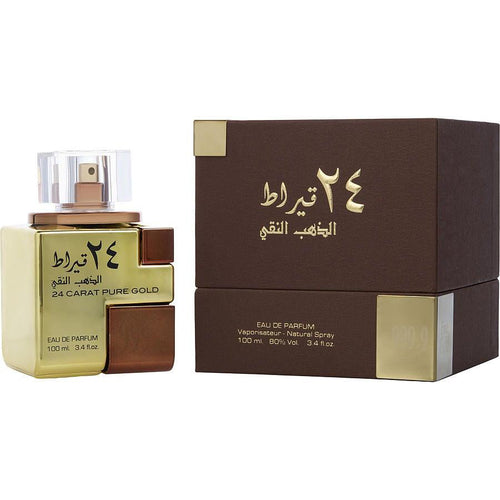 24 Carat Pure Gold Eau De Parfum 100ML by Lattafa, featuring a luxurious gold and brown bottle with matching elegant packaging adorned with golden accents.