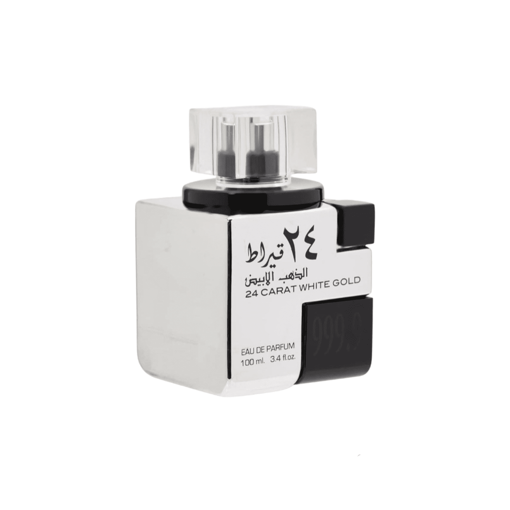24 Carat White Gold Eau de Parfum 100ML by Lattafa, showcasing a modern and luxurious metallic bottle with a clear cap.
