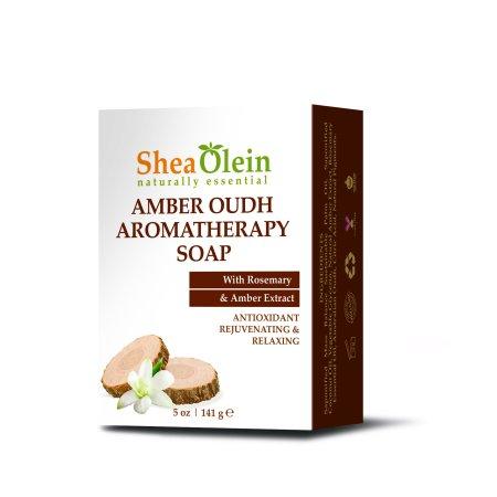 Angled view of Shea Olein Amber Oudh Aromatherapy Soap, enriched with Rosemary and Amber Extract, offering soothing and revitalizing properties.
