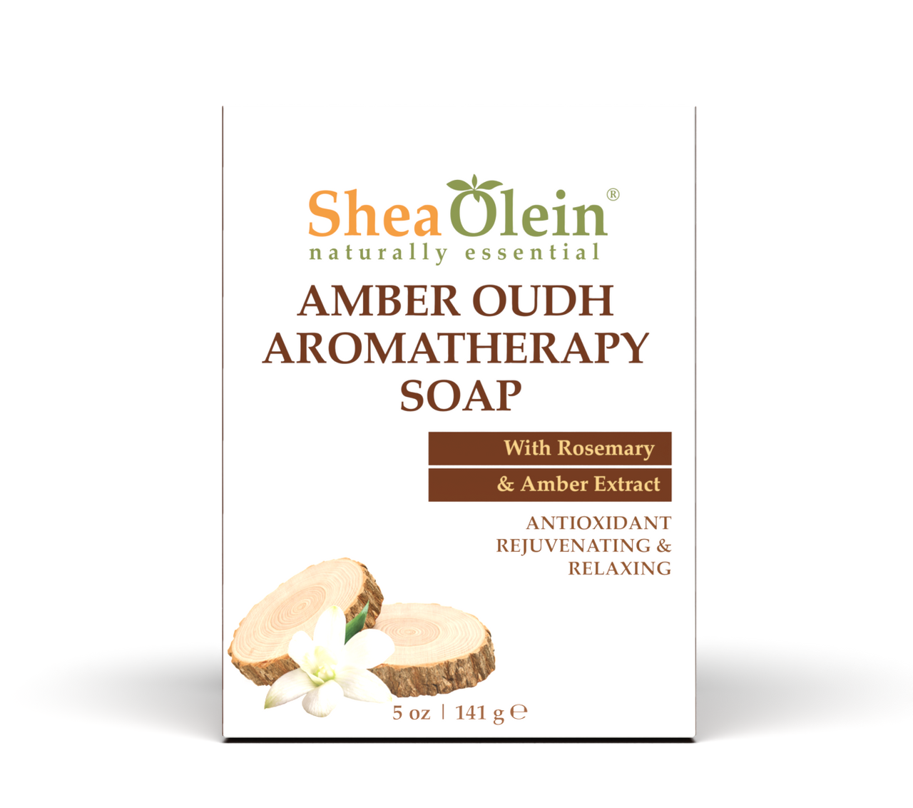 Shea Olein Amber Oudh Aromatherapy Soap with Rosemary and Amber Extract for antioxidant, rejuvenating, and relaxing benefits, 5 oz package.