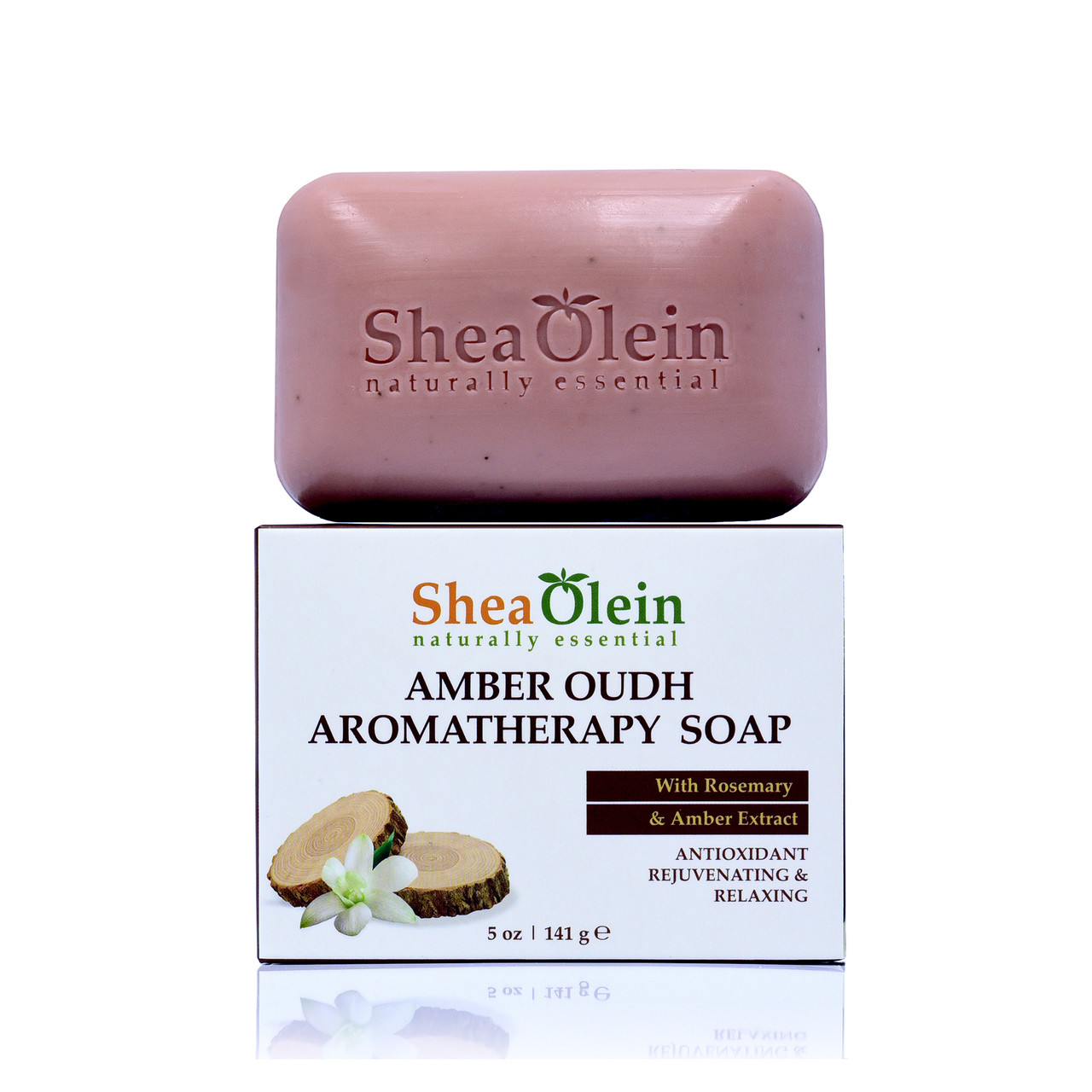 Shea Olein Amber Oudh Aromatherapy Soap bar displayed on its box, featuring Rosemary and Amber Extract for luxurious skincare and relaxation.