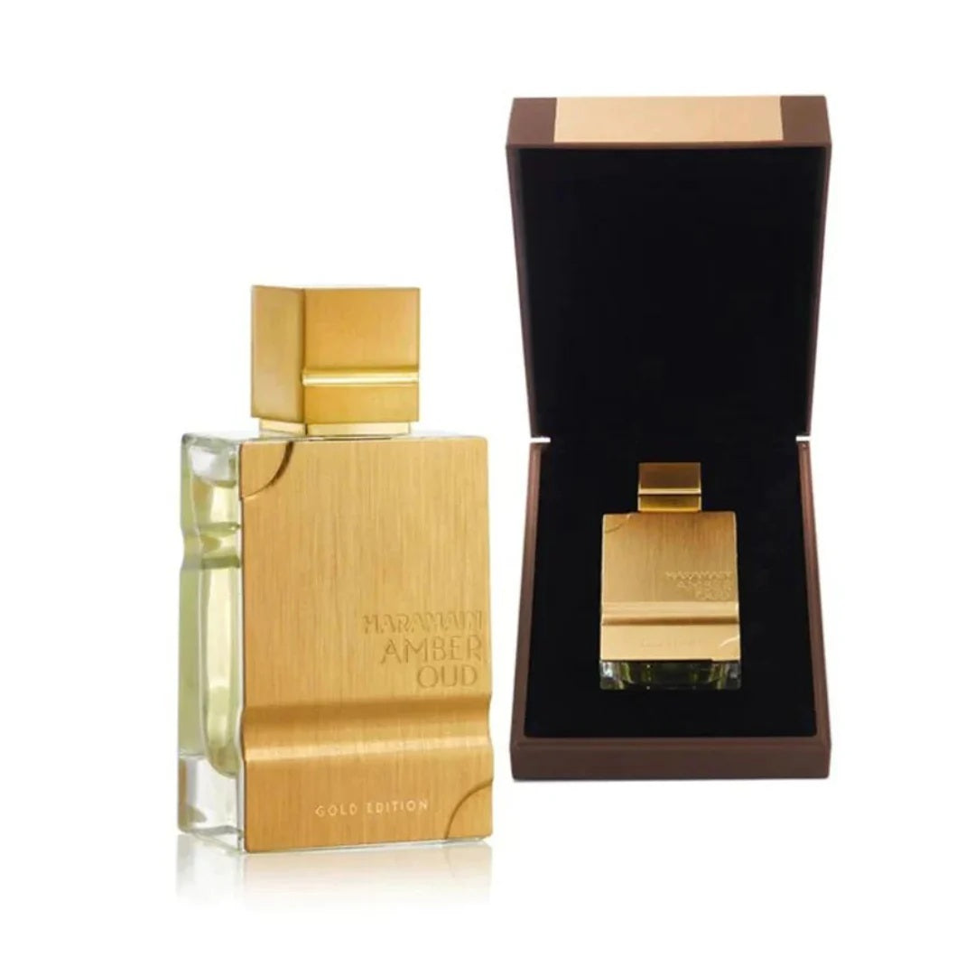 Al Haramain Amber Oud Gold Edition EDP bottle displayed with its premium wooden gift box.