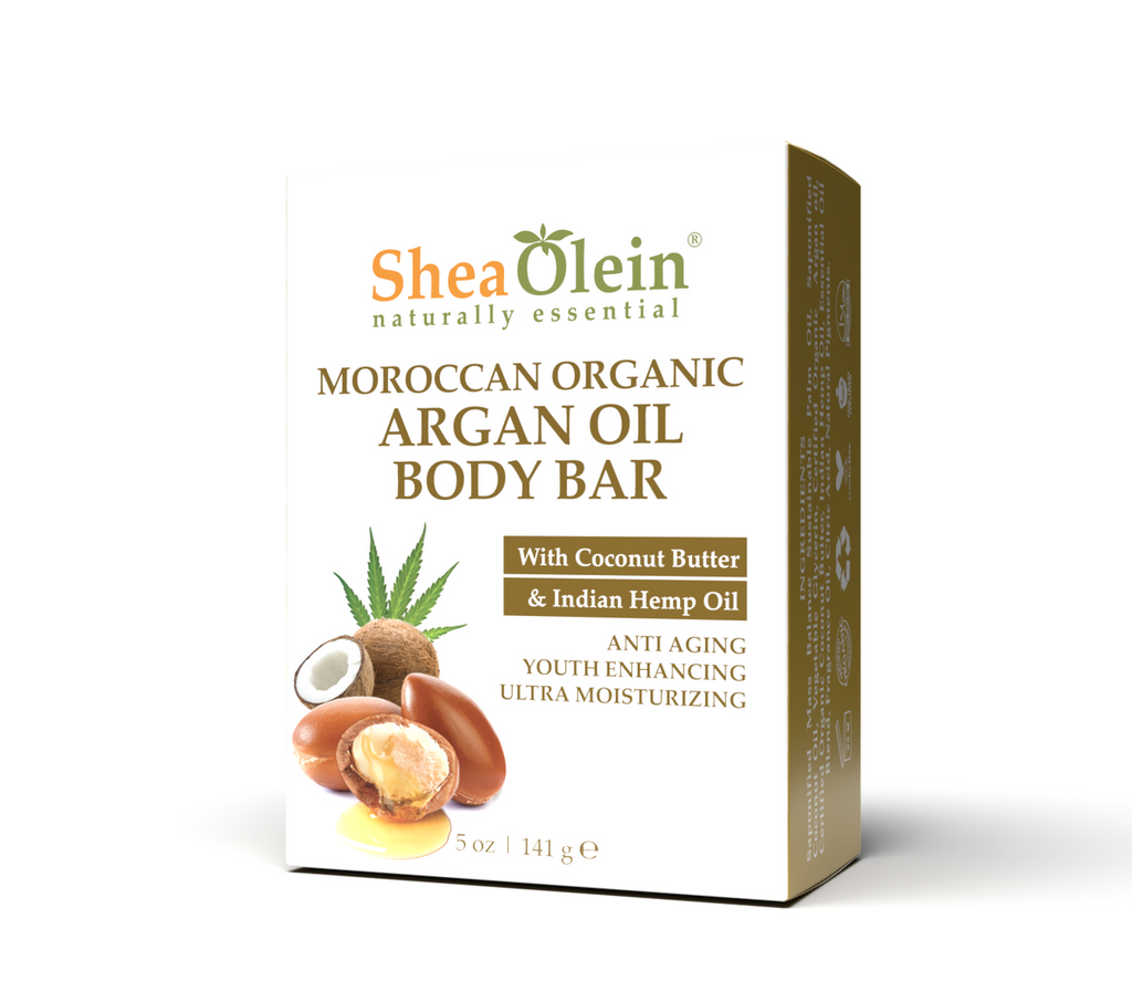 Angled view of Shea Olein Moroccan Organic Argan Oil Body Bar, featuring Coconut Butter and Indian Hemp Oil for deeply hydrating and rejuvenating skincare.