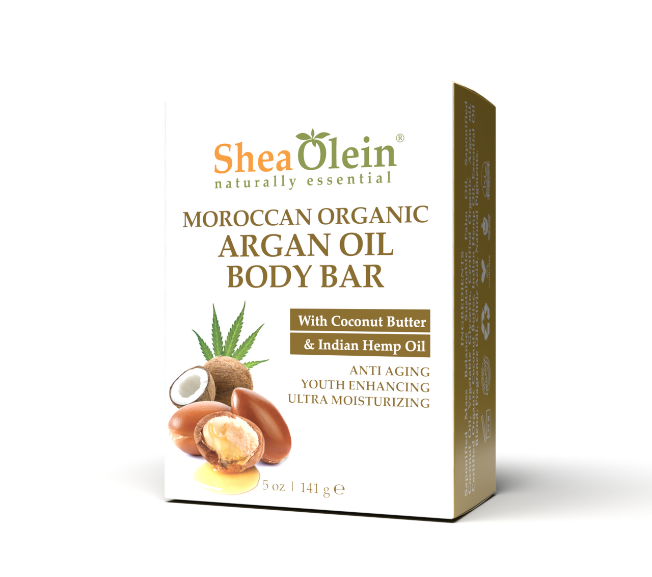 Angled view of Shea Olein Moroccan Organic Argan Oil Body Bar, featuring Coconut Butter and Indian Hemp Oil for deeply hydrating and rejuvenating skincare.