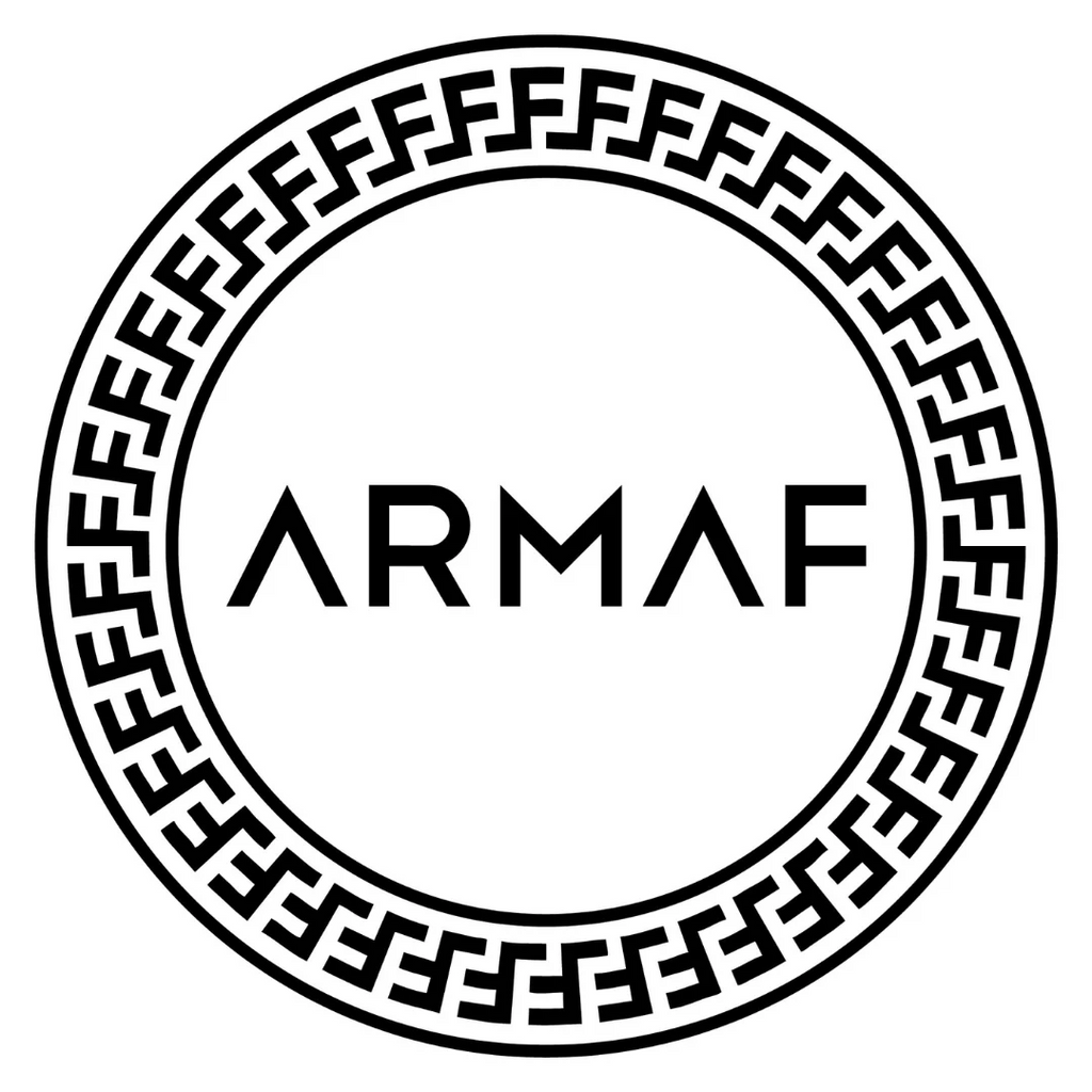 Armaf logo featuring a circular design with intricate black patterns and the brand name "ARMAF" in bold, modern typography.