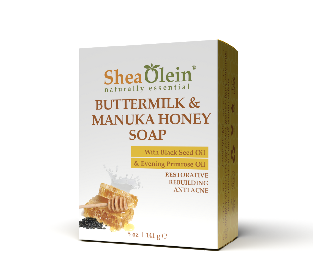 Angled view of Shea Olein Buttermilk & Manuka Honey Soap featuring Black Seed and Evening Primrose Oils for a nourishing and acne-fighting skincare solution.
