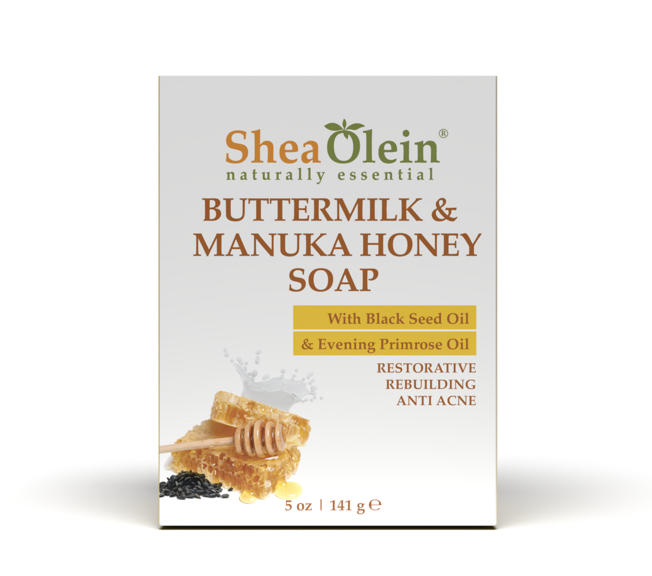 Shea Olein Buttermilk & Manuka Honey Soap with Black Seed and Evening Primrose Oils, designed for restorative, rebuilding, and anti-acne benefits, 5 oz package.