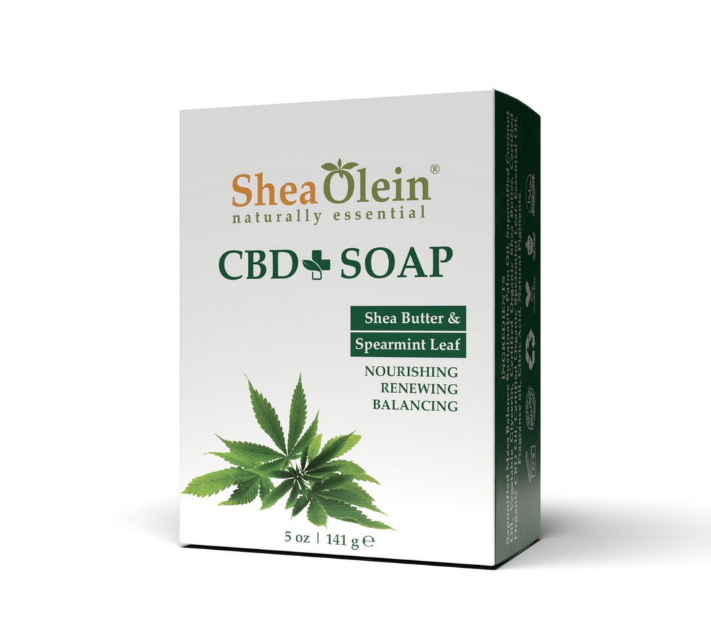 Angled view of Shea Olein CBD Soap, enriched with Shea Butter and Spearmint Leaf, offering soothing and hydrating benefits for the skin.
