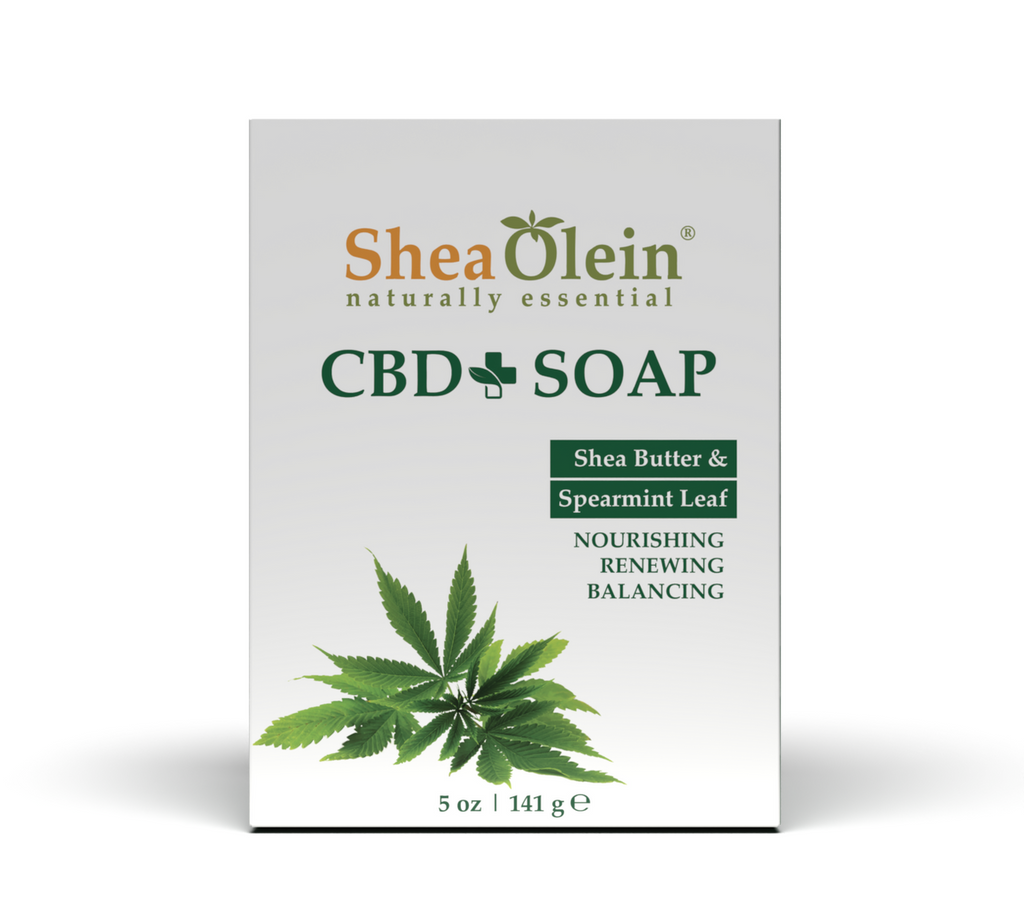Shea Olein CBD Soap with Shea Butter and Spearmint Leaf for nourishing, renewing, and balancing skincare, 5 oz package.