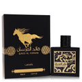 Lattafa Qaed Al Fursan Eau de Parfum 3.04 oz featuring a luxurious black and gold bottle with matching packaging, adorned with a horse design symbolizing strength and elegance.