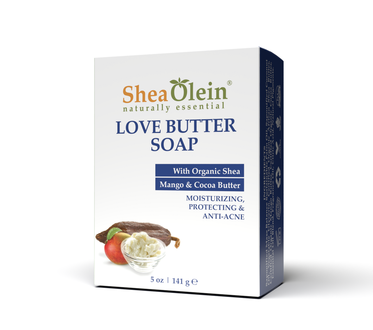 Angled view of Shea Olein Love Butter Soap, enriched with organic Shea, Mango, and Cocoa Butter for luxurious skin care.