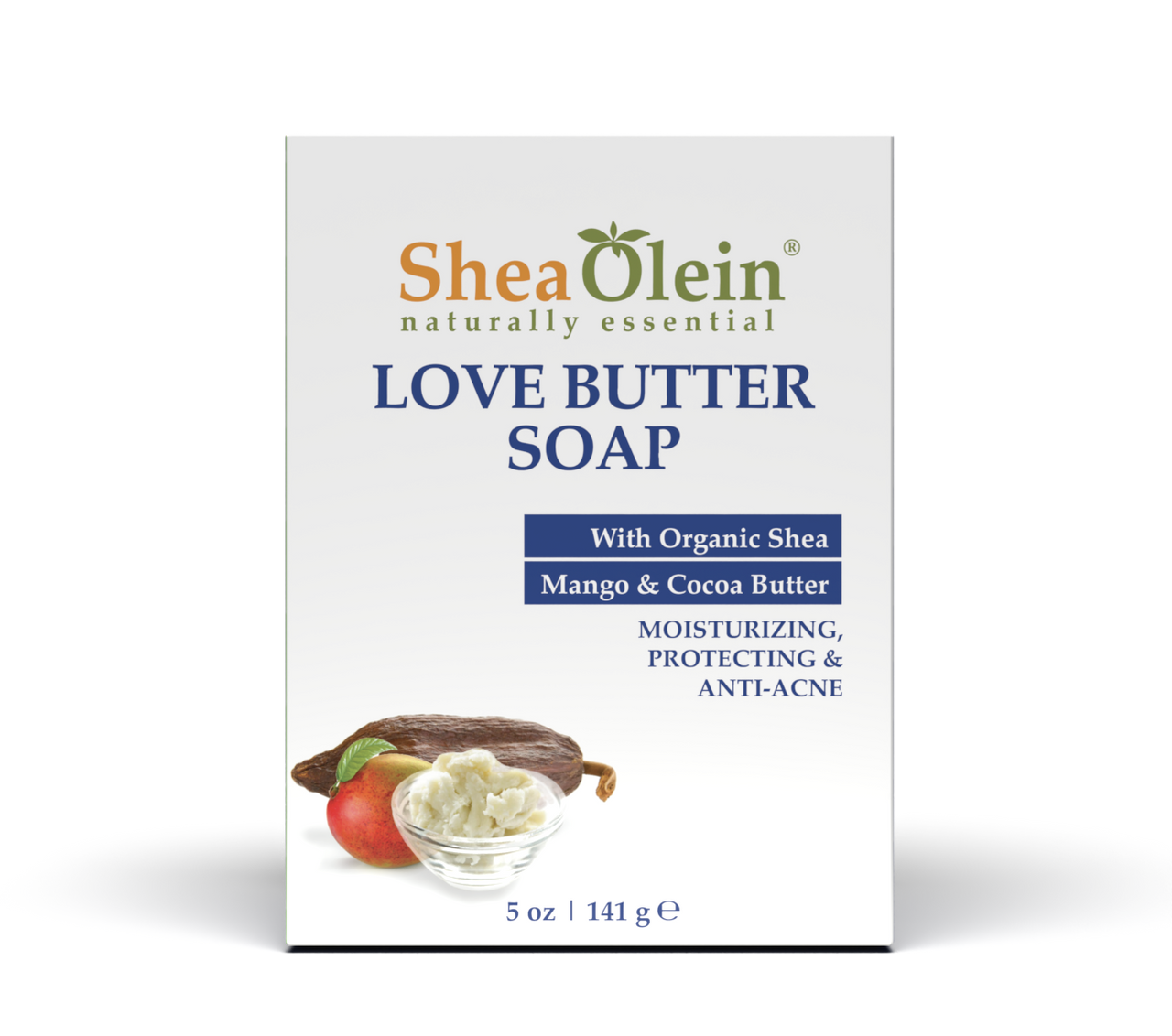 Shea Olein Love Butter Soap with Shea, Mango, and Cocoa Butter for moisturizing, protecting, and anti-acne benefits, 5 oz package.