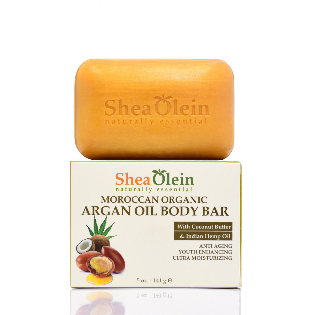 Shea Olein Moroccan Organic Argan Oil Body Bar displayed on its box, enriched with Coconut Butter and Indian Hemp Oil for anti-aging and ultra-moisturizing care.