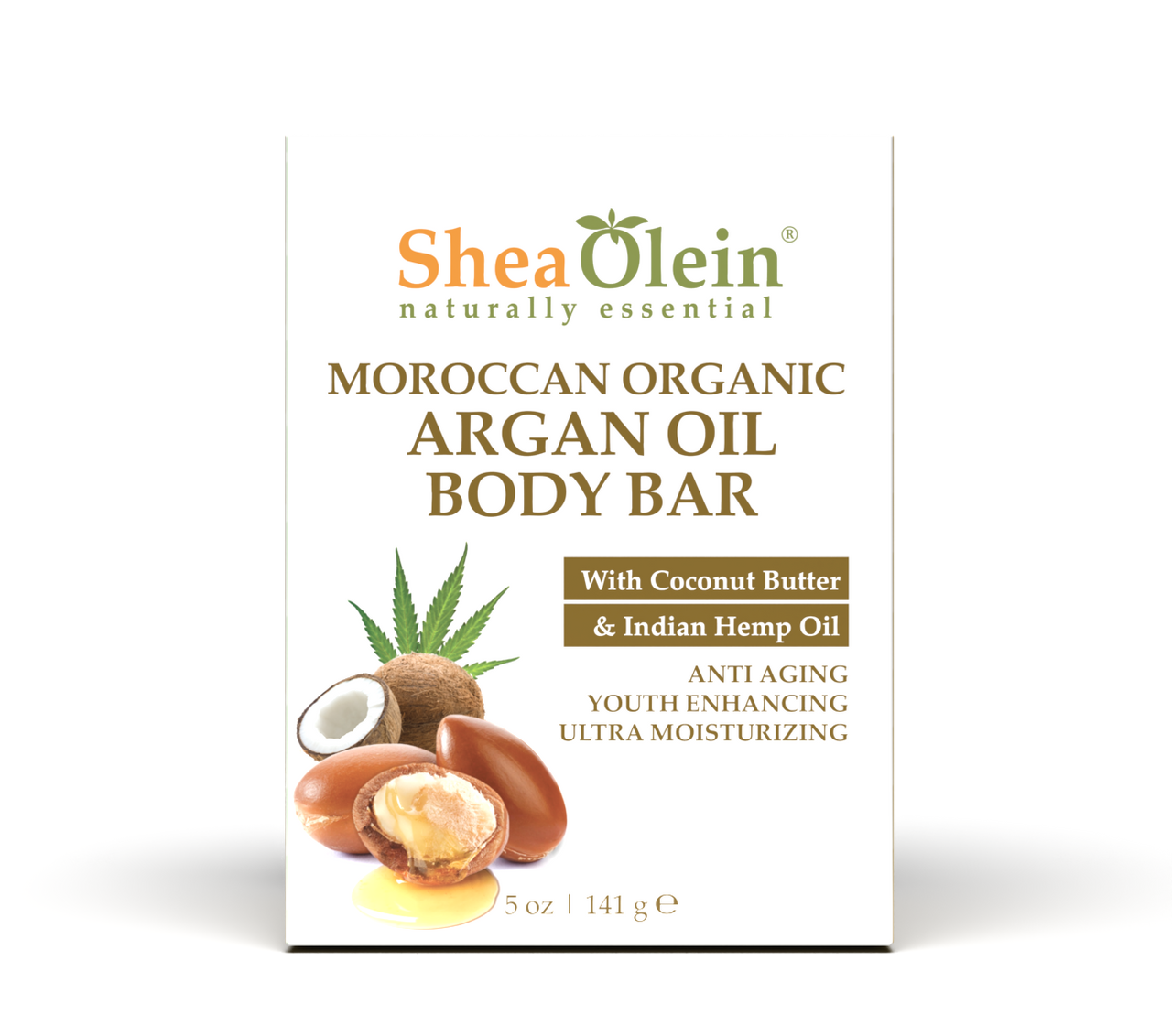 Shea Olein Moroccan Organic Argan Oil Body Bar with Coconut Butter and Indian Hemp Oil, offering anti-aging, youth-enhancing, and ultra-moisturizing benefits, 5 oz package.