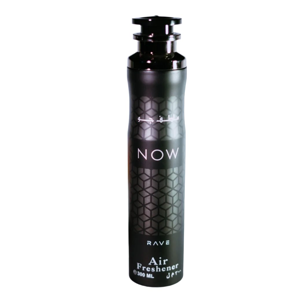 Front view of NOW Rave Air Freshener by Lattafa, featuring a sleek black bottle with geometric patterns and bold branding, 300ml size.