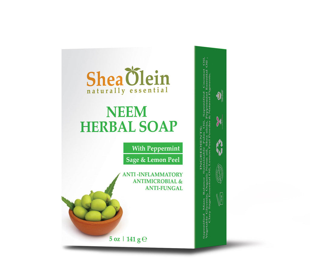 Angled view of Shea Olein Neem Herbal Soap featuring Neem Oil, Peppermint, Sage, and Lemon Peel, offering soothing and purifying properties.