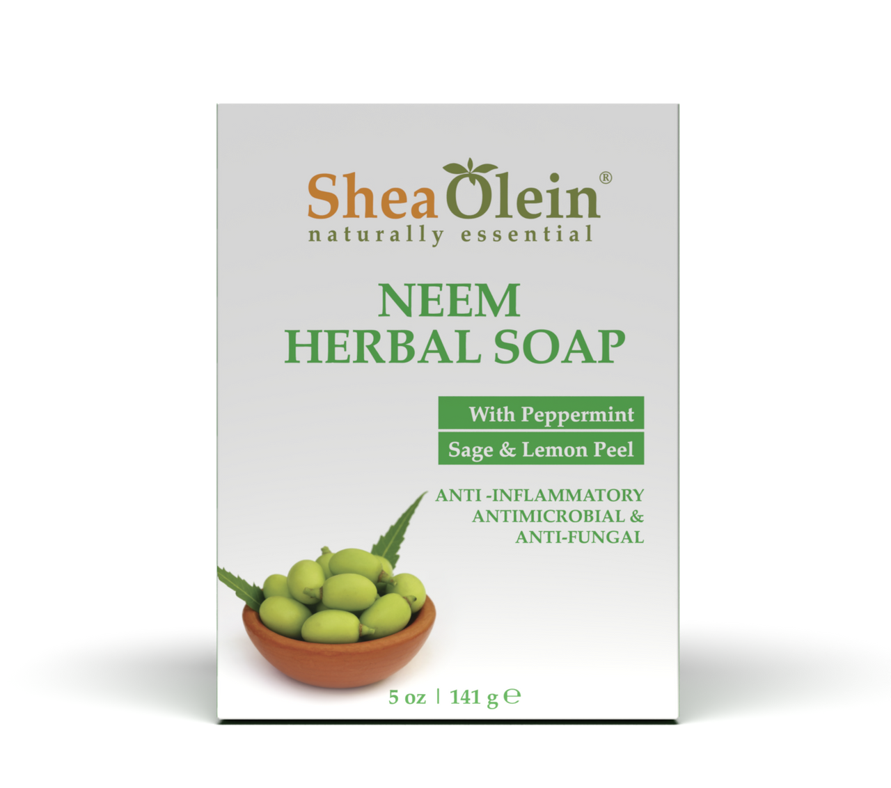 Shea Olein Neem Herbal Soap with Peppermint, Sage, and Lemon Peel for anti-inflammatory, antimicrobial, and antifungal benefits, 5 oz package.