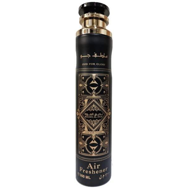 Front view of Oud For Glory by Lattafa air freshener, showcasing a sleek black and gold bottle with intricate geometric designs, 300ml size.