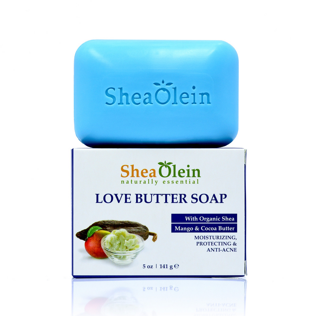 Shea Olein Love Butter Soap bar displayed on its box, featuring Shea, Mango, and Cocoa Butter for deep moisturization and youthful skin.
