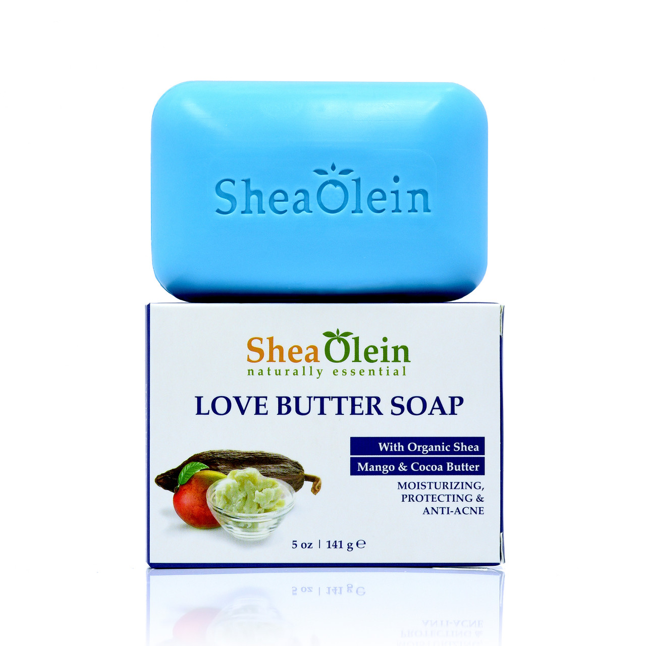 Shea Olein Love Butter Soap bar displayed on its box, featuring Shea, Mango, and Cocoa Butter for deep moisturization and youthful skin.