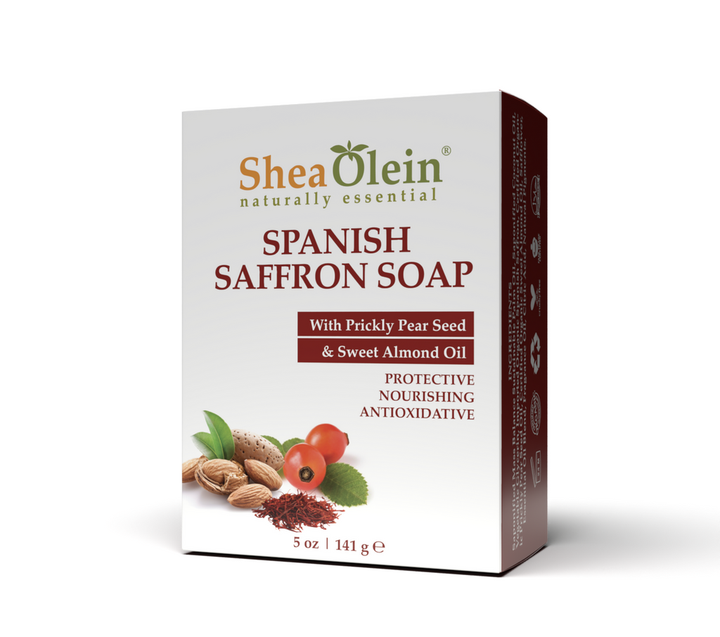 Angled view of Shea Olein Spanish Saffron Soap featuring Prickly Pear Seed and Sweet Almond Oil, offering protective, nourishing, and antioxidative benefits.