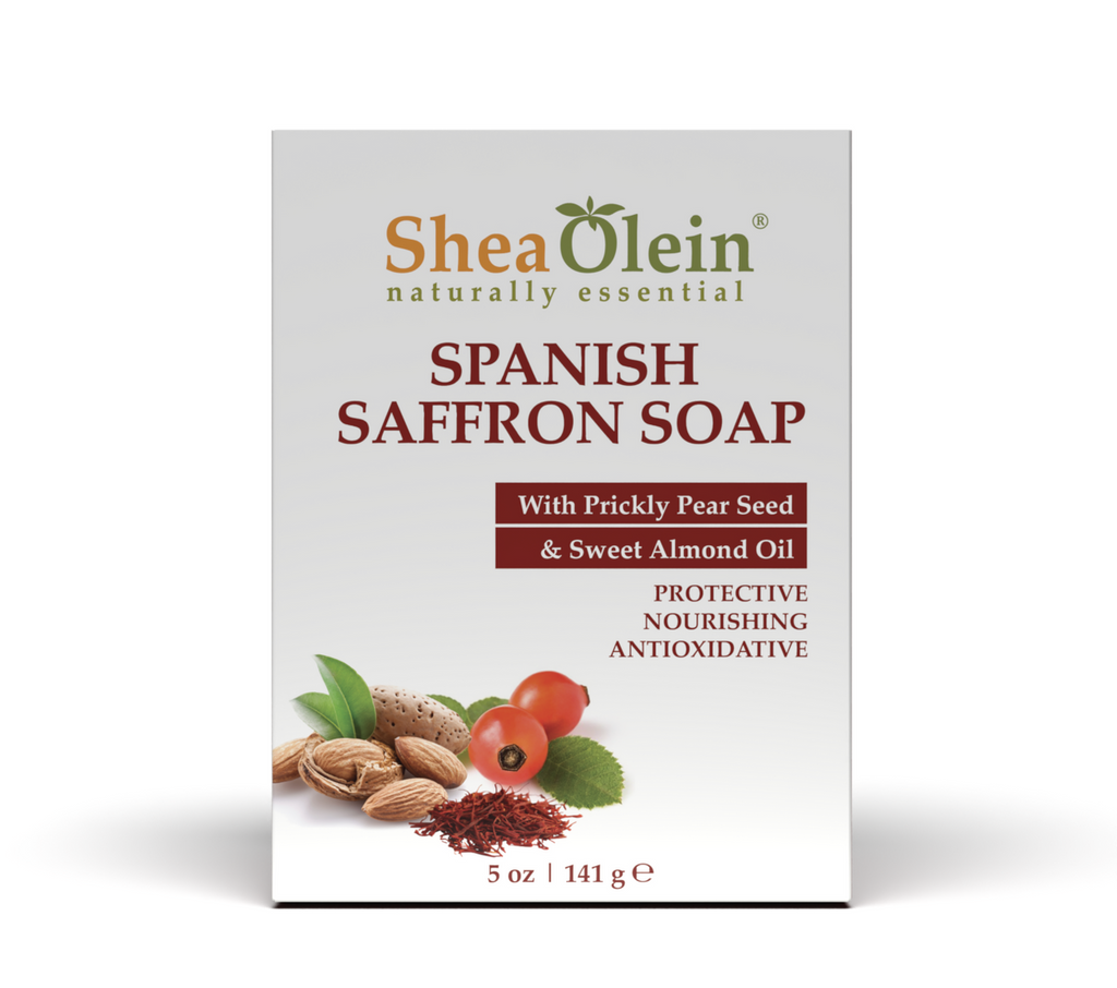 Shea Olein Spanish Saffron Soap with Prickly Pear Seed and Sweet Almond Oil, designed to hydrate, protect, and brighten skin, 5 oz package.