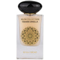 Close-up of the Tahara Vanilla Musk Collection 60ml perfume bottle by Gulf Orchid, featuring an elegant gold design and black cap.
