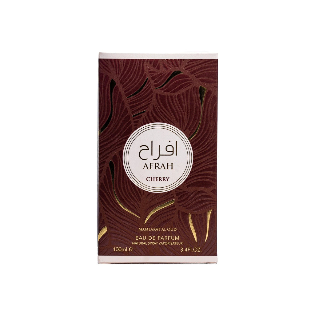 Afrah Cherry Eau De Parfum packaging box with leaf pattern and gold accents
