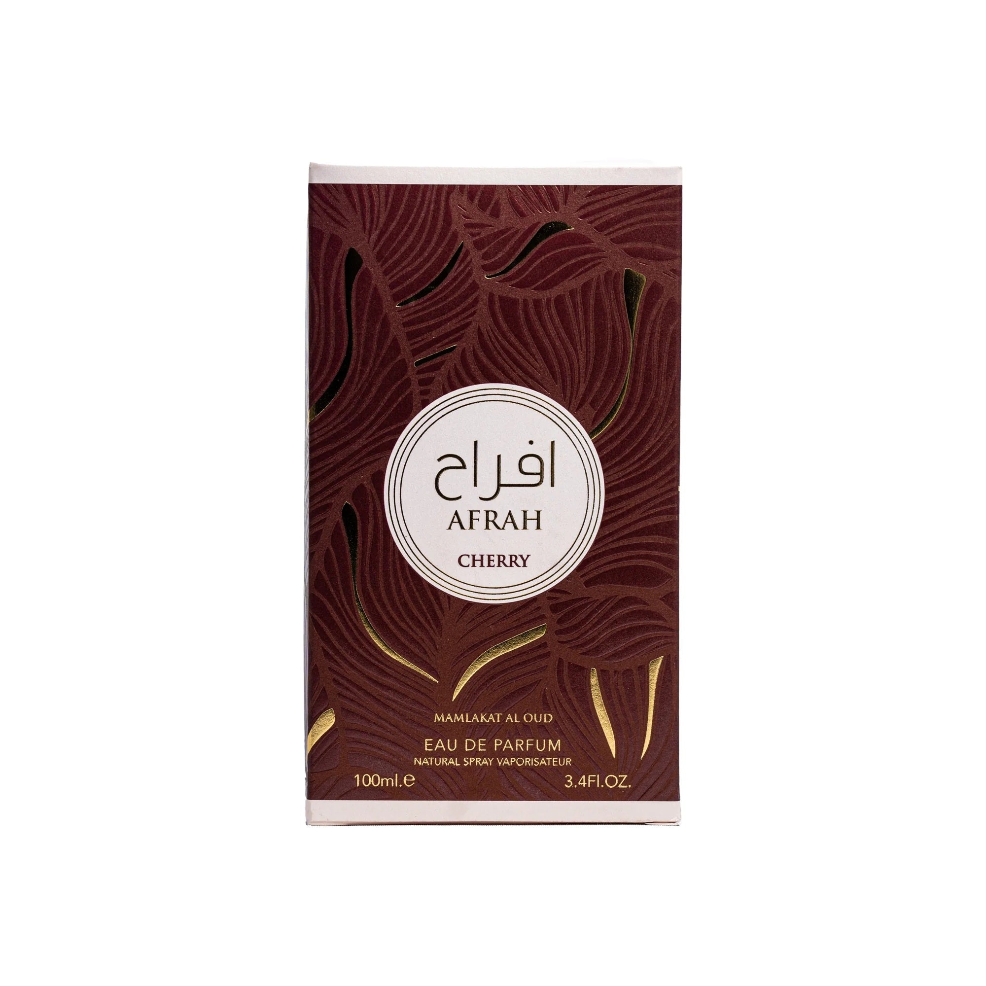 Afrah Cherry Eau De Parfum packaging box with leaf pattern and gold accents