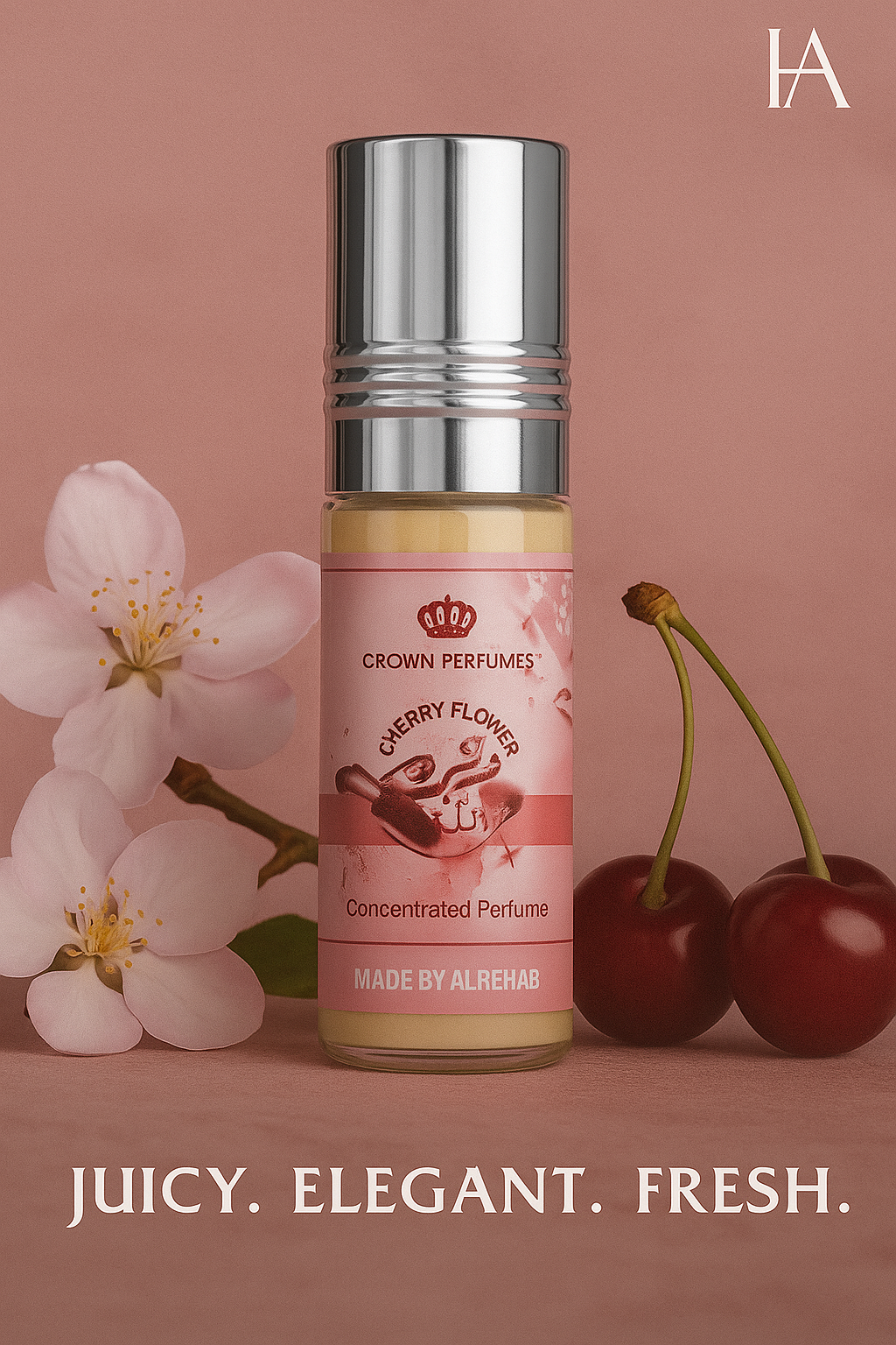 Al Rehab Cherry Flower 6ml roll-on perfume oil displayed with cherry blossom and cherry notes, HA Fragrances branded background, soft pink aesthetic, floral-green fragrance presentation.