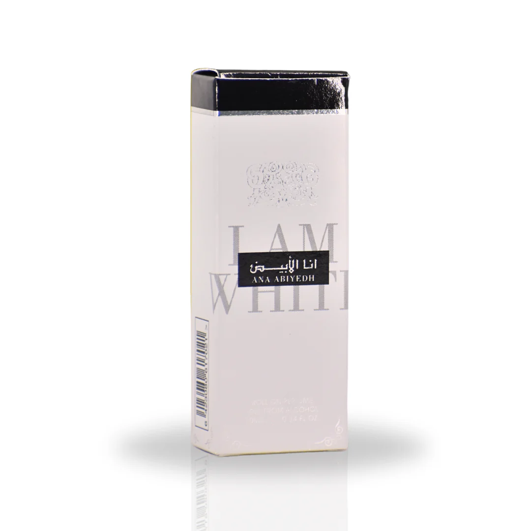 Ana Abiyedh Roll-On Perfume Oil 10ML packaging with a modern white and black design, highlighting its premium and sophisticated presentation.