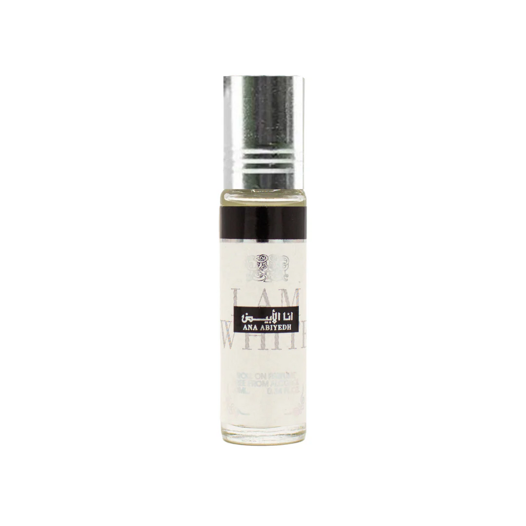 Ana Abiyedh Roll-On Perfume Oil 10ML bottle, featuring a minimalist white and black design, showcasing its luxurious unisex fragrance.
