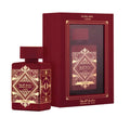Bade’e Al Oud Sublime Eau De Parfum by Lattafa, showcasing a luxurious red bottle with intricate gold patterns and matching red and gold packaging.
