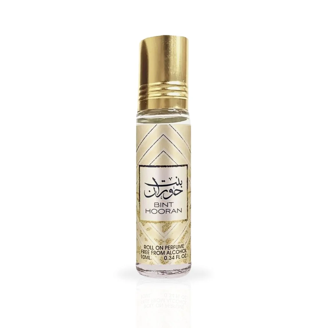 Bint Hooran Roll-On Perfume Oil 10ML bottle with a sleek gold cap and elegant design, showcasing the luxurious unisex fragrance.