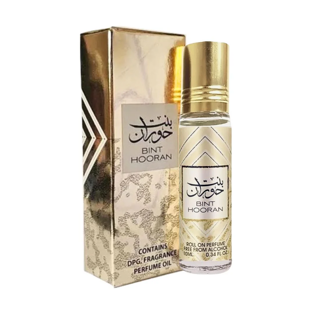 Bint Hooran Roll-On Perfume Oil 10ML bottle with its matching golden packaging, highlighting the sophisticated and exotic design.