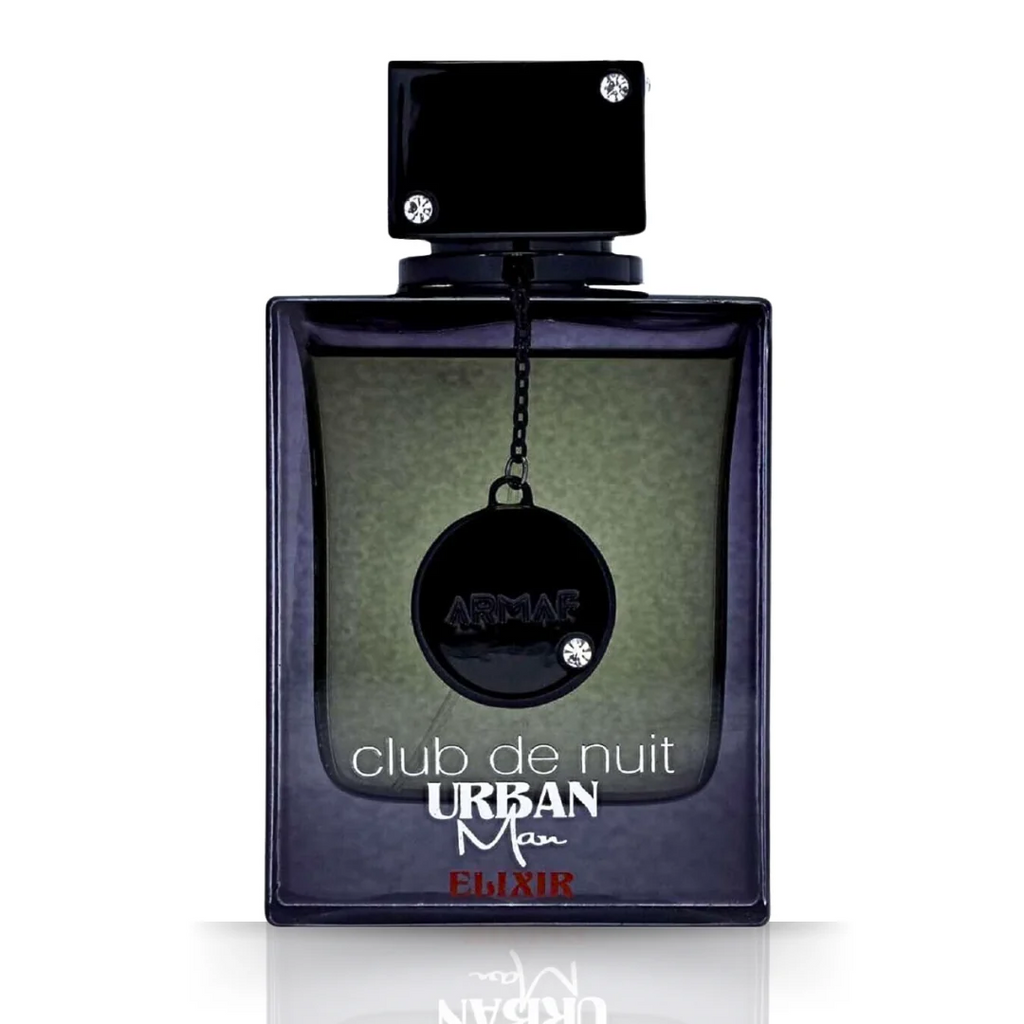 Close-up of Club De Nuit Urban Man Elixir EDP 105ML by Armaf - a sleek black fragrance bottle with a modern design.
