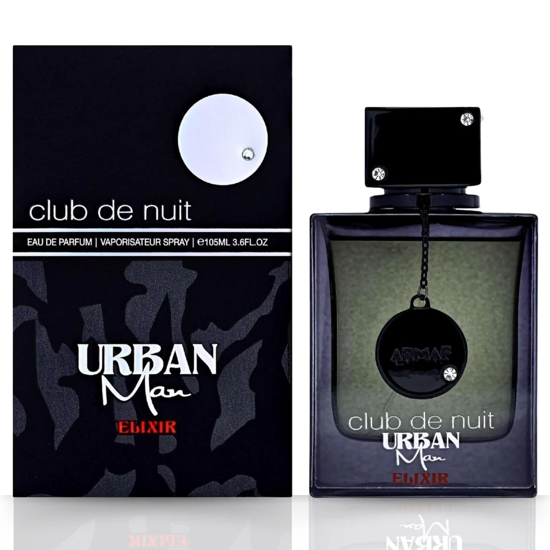 Club De Nuit Urban Man Elixir EDP 105ML with packaging by Armaf - a luxurious black bottle displayed with its elegant box.