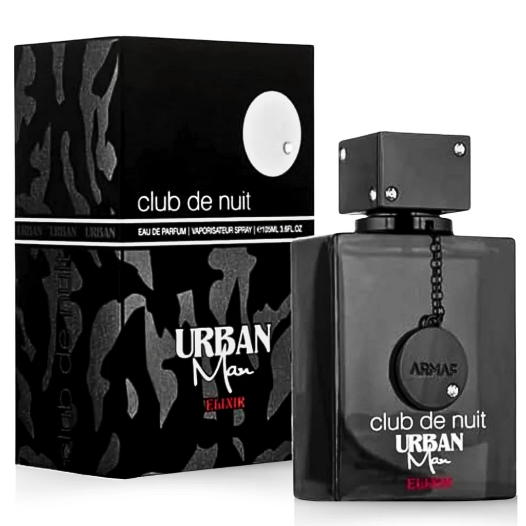 Club De Nuit Urban Man Elixir EDP 105ML by Armaf with bold black packaging featuring a camo pattern and red text highlights.