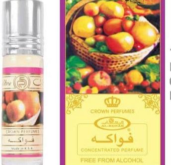 Fruit perfume oil by Al-Rehab, featuring a 6ml roll-on bottle and packaging with a colorful basket of fresh fruits design.