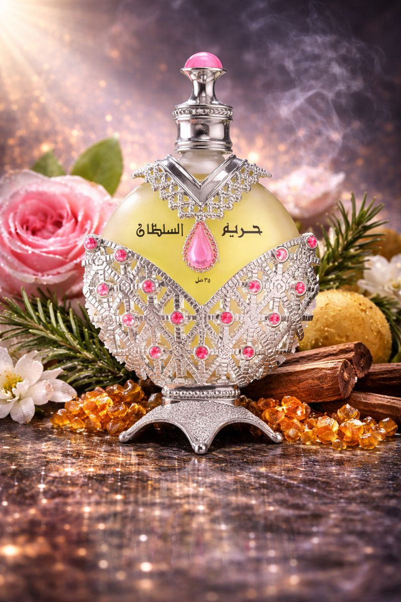 Khadlaj Hareem Al Sultan Silver concentrated perfume oil displayed in an ornate silver bottle with floral and warm resin accents.