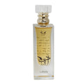 Adeeb EDP 80ML by Lattafa – Stylish transparent glass perfume bottle with gold detailing, featuring a sophisticated and artistic inscription.