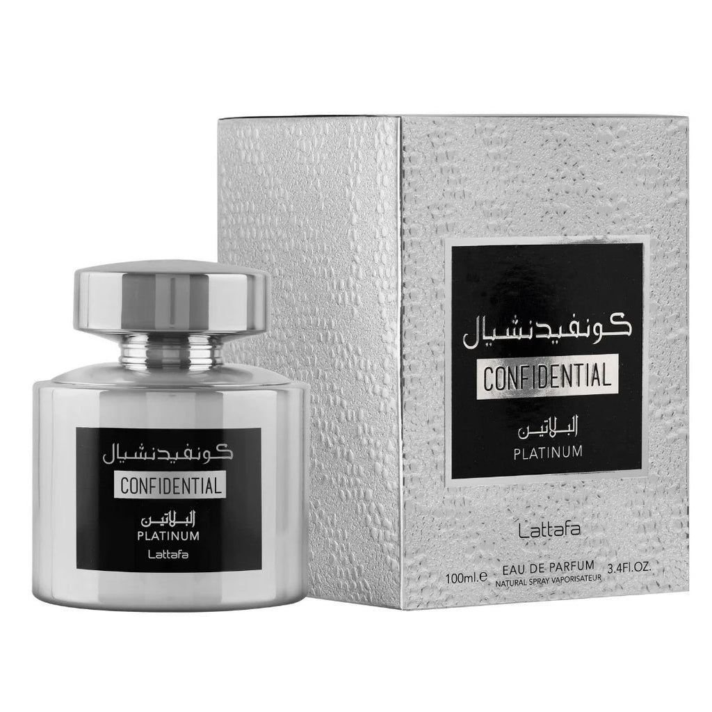 Confidential Platinum Eau De Parfum by Lattafa – 100ML unisex fragrance with an elegant silver bottle and textured metallic packaging for a premium feel.