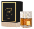 Lattafa Khamrah Eau de Parfum 100ml luxury Arabic fragrance bottle with amber liquid and black gold packaging displayed on wooden surface