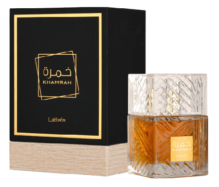 Lattafa Khamrah Eau de Parfum 100ml luxury Arabic fragrance bottle with amber liquid and black gold packaging displayed on wooden surface