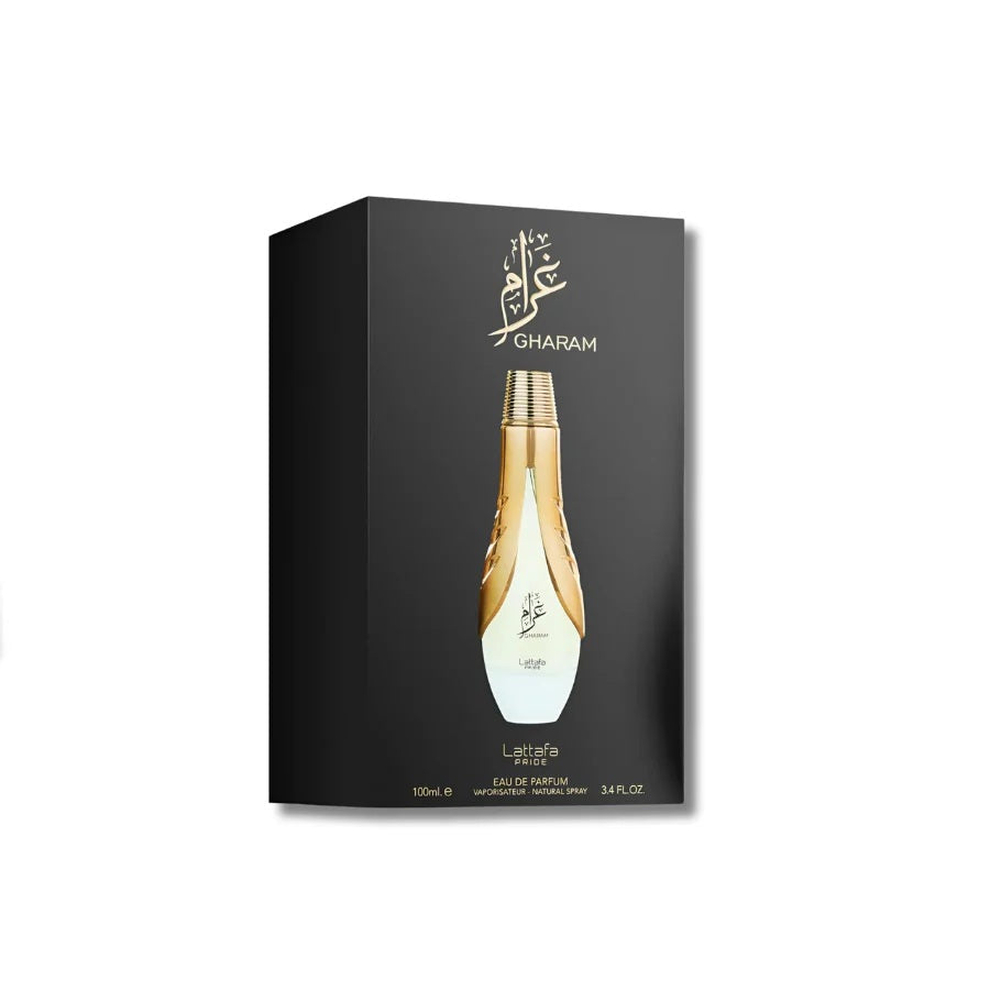 Lattafa Pride Gharam Eau de Parfum front view of black box with gold design