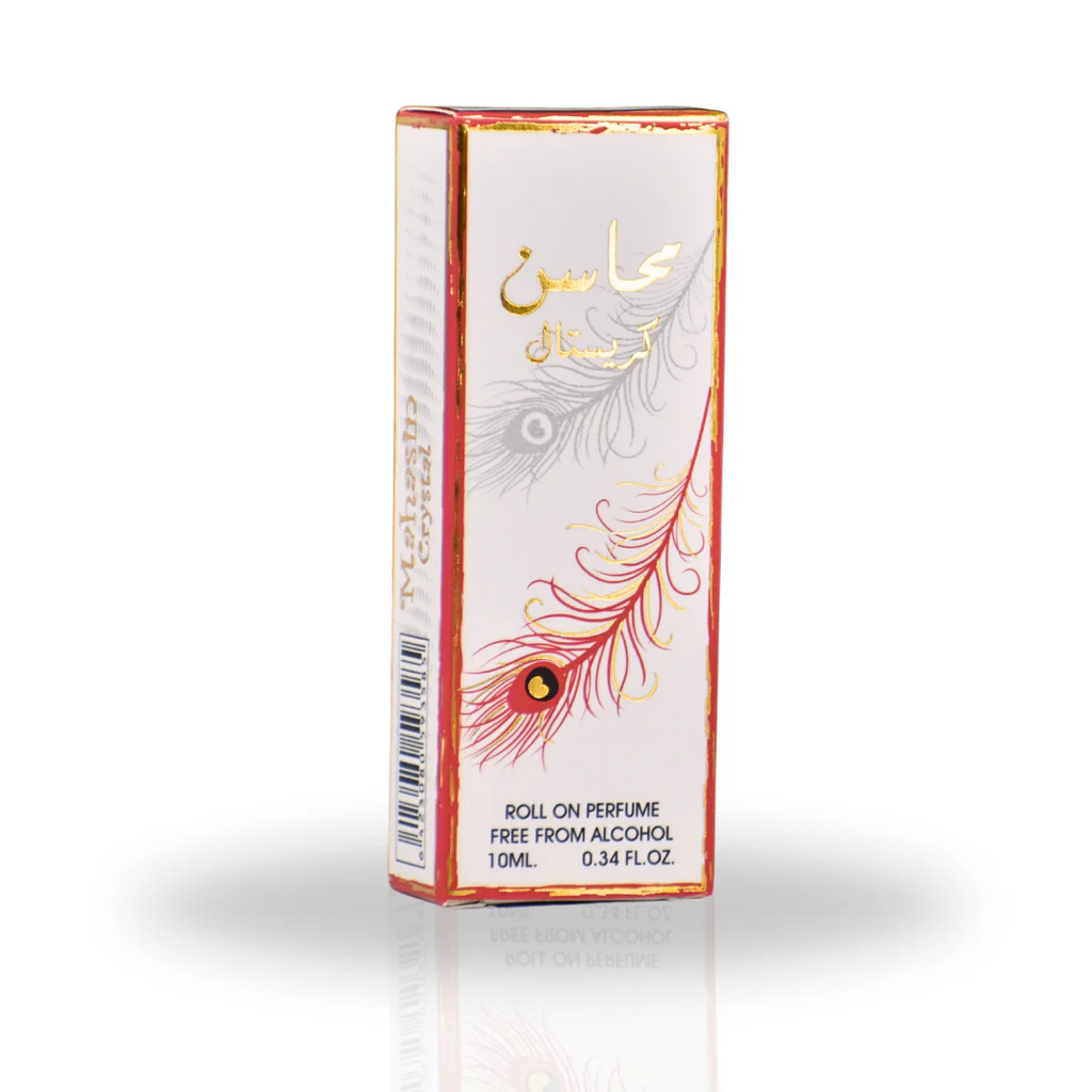 Mahasin Crystal Roll-On Perfume Oil 10ML packaging with delicate feather artwork and gold detailing, emphasizing its sophisticated and floral appeal.