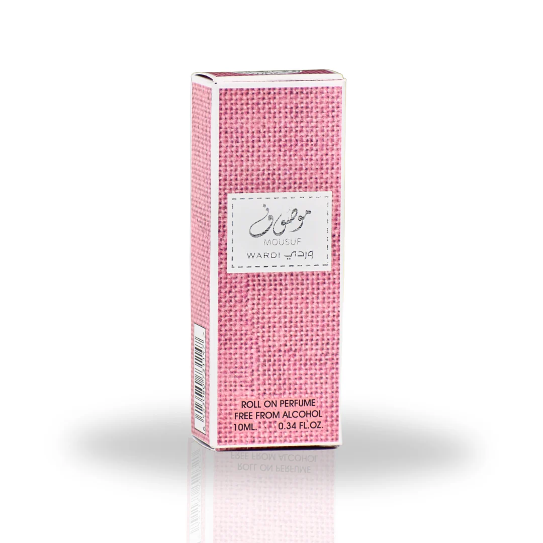 Mousuf Wardi Roll-On Perfume Oil 10ML pink packaging by Ard Al Zaafaran, highlighting its elegant and alcohol-free design for men and women.