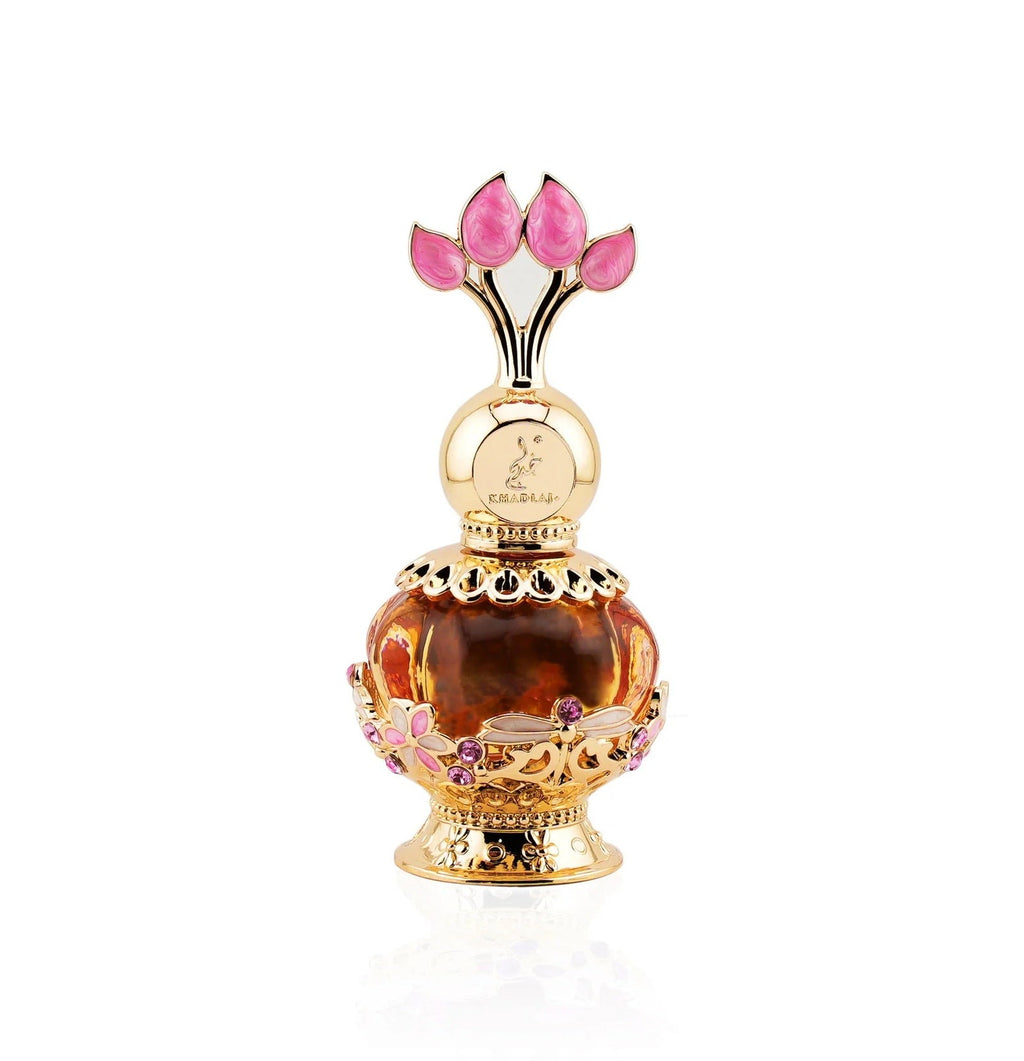 Pink Musk Concentrated Perfume Oil 20ML by Khadlaj – Elegant pink and gold floral perfume bottle design