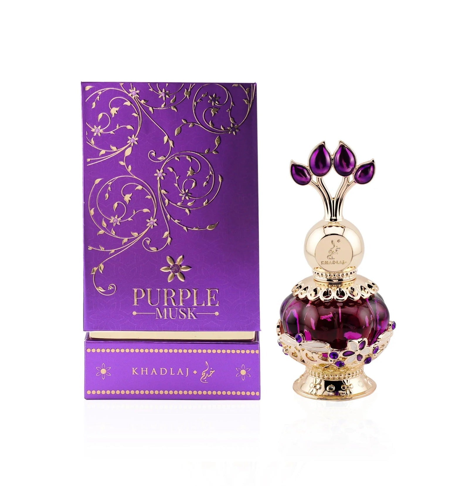 Purple Musk Perfume Oil by Khadlaj – 20ML luxury fragrance bottle with matching purple and gold gift box