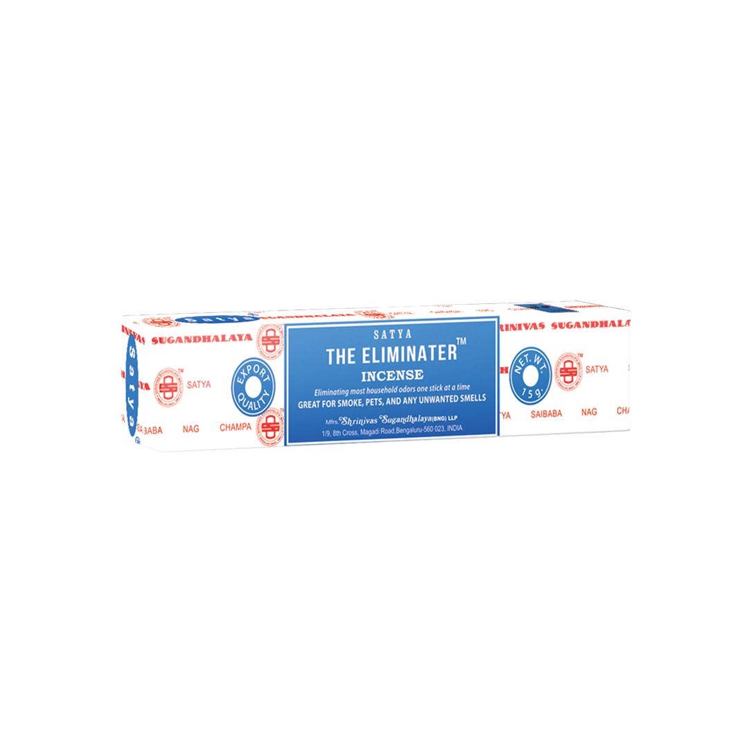 Satya Eliminater Incense 15g box – hand-rolled Indian incense for smoke, pet, and odor removal.